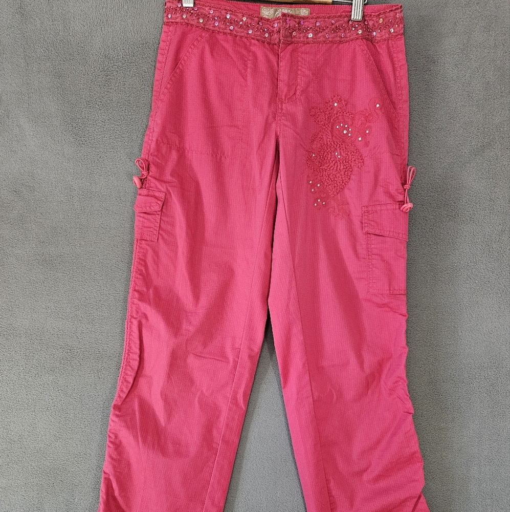Vintage Y2K Candies Womens 3 Boho Pink Khakis Beaded Low-rise Rinestones Ruched